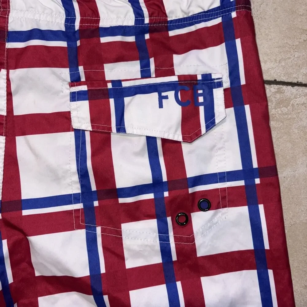 FC Barcelona Board Shorts Mens 36 Plaid Swim Trunks Icon Sports Group Vintage